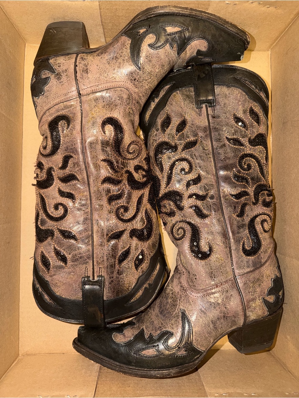 Vintage black and brown sequin inlay leather corral boots